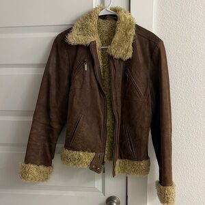 Ruff Hewn Brown Leather Jacket with Cream Faux Fur